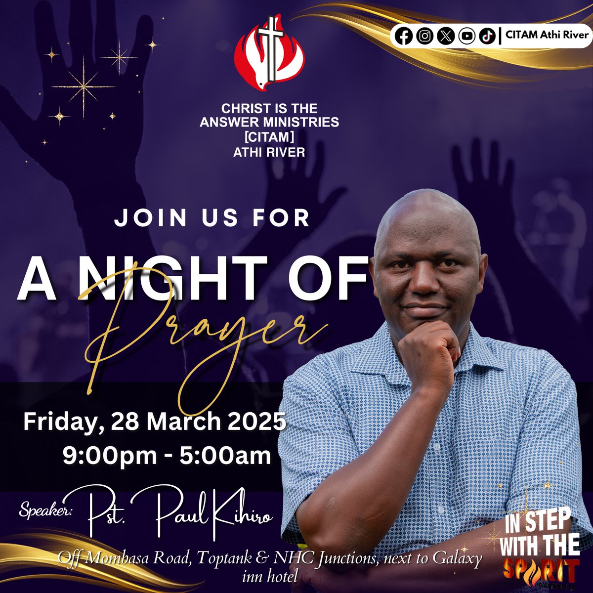 Join us for an overnight of worship and prayer, this Friday, 28th March 2025 from 9pm - 5am.

Ephesians 6:18 ~ Pray at all times in the Spirit with every prayer and request, and stay alert with all perseverance and intercession for all the saints.

Tag along a friend...