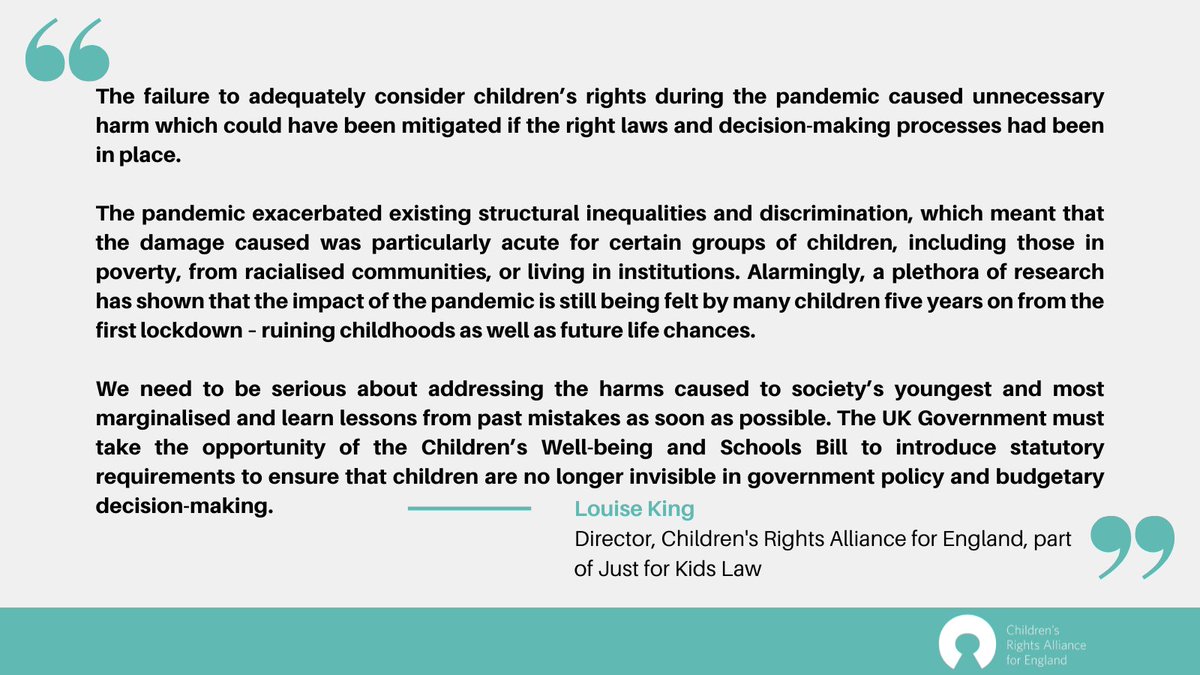 🚨 Five years on from the first Covid lockdown, the Govt’s failure to prioritise children’s rights has left lasting harm. 

Last week, we joined fellow Covid Inquiry Core Participants to call for urgent action. 

Read our joint statement: bit.ly/4j5kROb