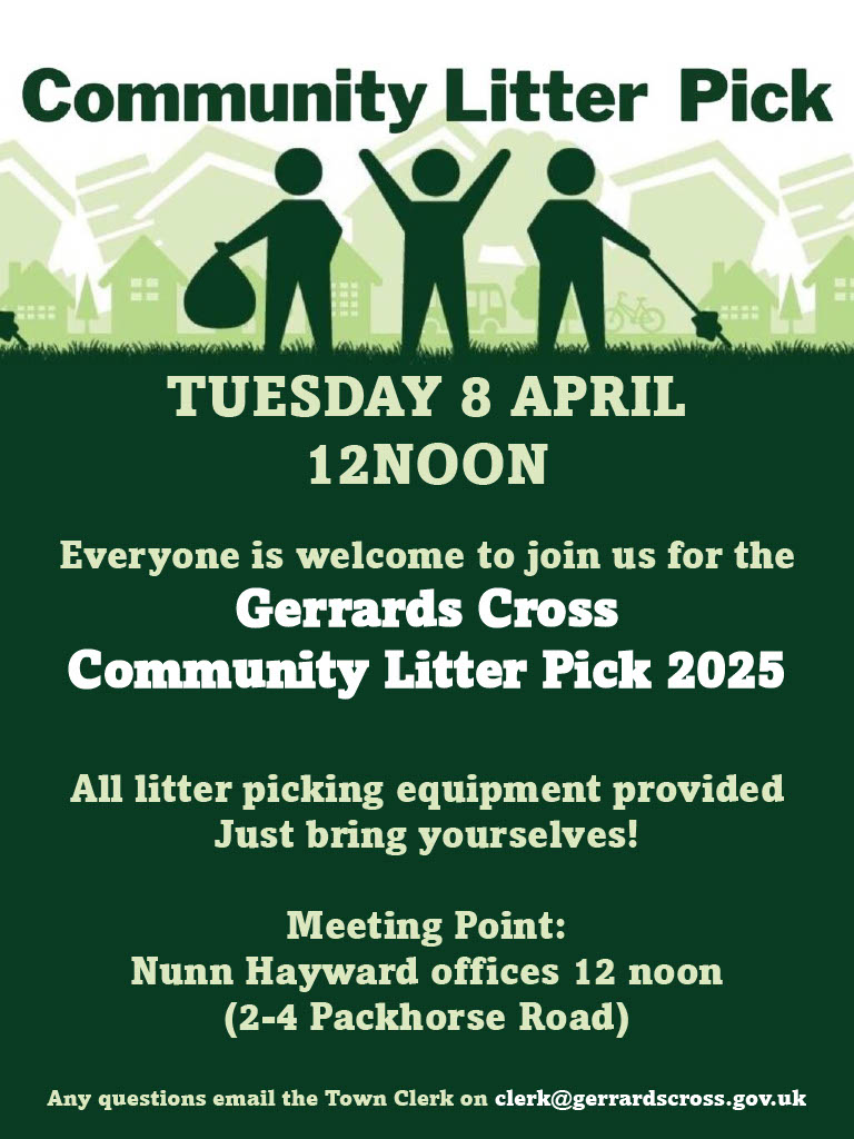 Have you signed up?

Taking part in the GX Community Litter Pick is a great way to serve the community and to connect with other local residents in the area of Gerrards Cross.

Register by emailing: clerk@gerrardscross.gov.uk
We would love to see you there!