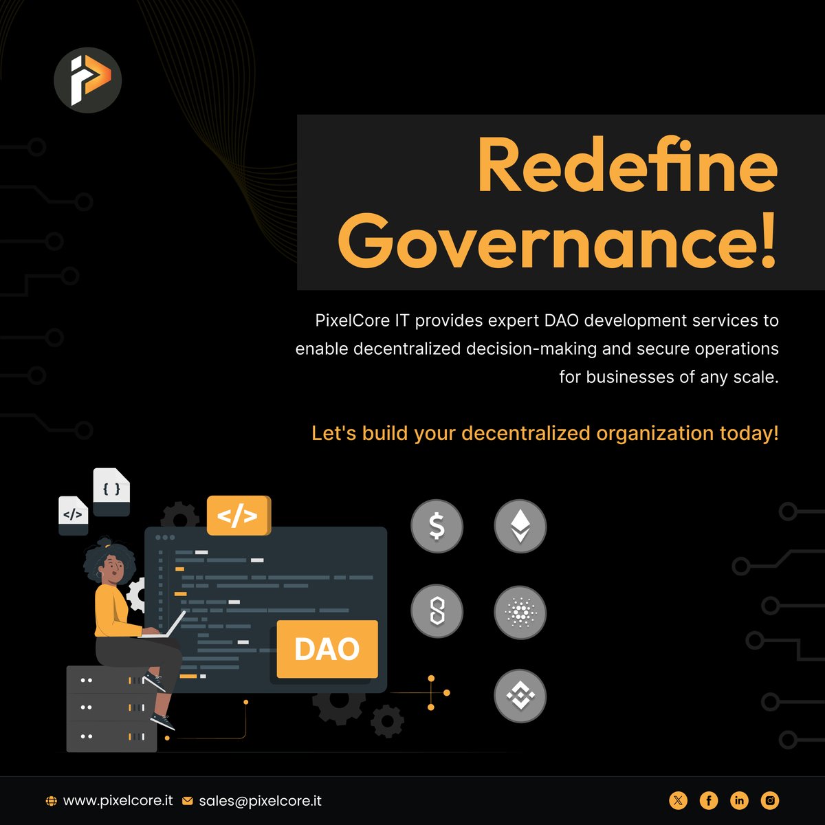 Pixelcoreit's tweet image. Redefine Governance!
PixelCore IT provides expert DAO development services to enable decentralized decision-making and secure operations for businesses of any scale.
tinyurl.com/3reszcfk
#DAODevelopment #BlockchainTech #PixelCoreIT #SecureSolutions