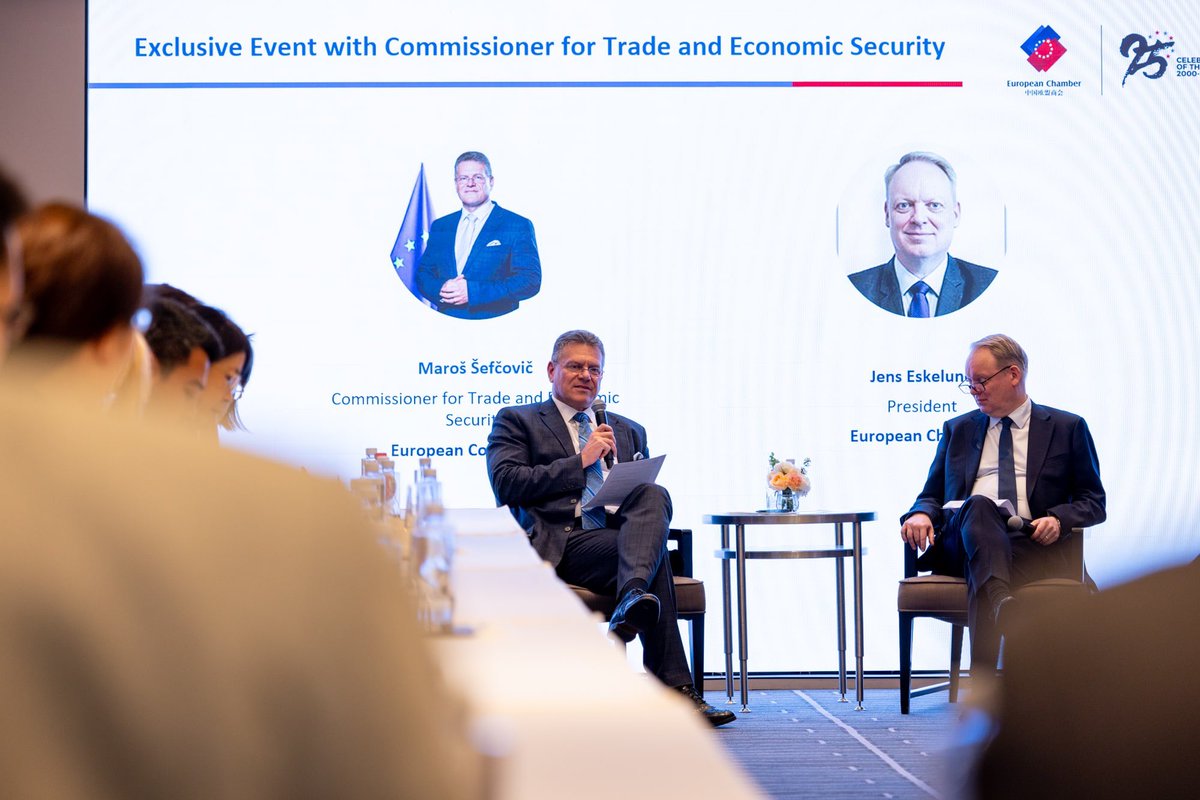 MarosSefcovic's tweet photo. Always keen to hear from EU businesses on the ground. As there're many challenges, incl. an unlevel playing field, my priority is to reset and focus 🇪🇺🇨🇳 engagement on delivering tangible rebalancing in vital sectors of our economy.

Congrats, the #EUCCC, on 25 yrs of great work. https://t.co/9IOUHE9bwh