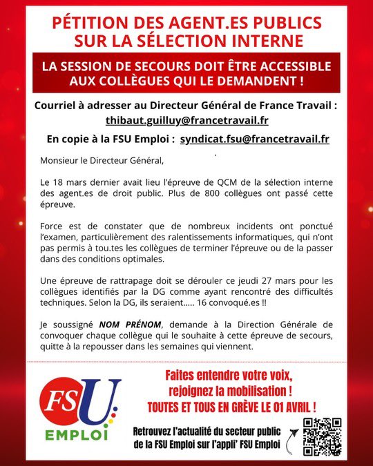 FSU EMPLOI OCCITANIE (@fsuemploiocc) on Twitter photo Pétition des agents publics sur la sélection interne portée par la #FSU #Emploi ! <a href="/FranceTravail/">France Travail</a> <a href="/ThibautGuilluy/">Thibaut Guilluy</a> Pétition des agents publics sur la sélection interne portée par la #FSU #Emploi ! <a href="/FranceTravail/">France Travail</a> <a href="/ThibautGuilluy/">Thibaut Guilluy</a>