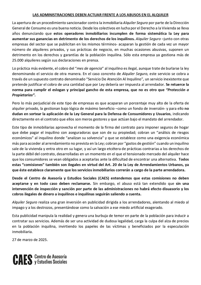 Sobre la noticia publicada hoy referente a la apertura por parte de <a href="/MSocialGob/">Ministerio de Derechos Sociales, Consumo y A2030</a> de un expediente sancionador frente Alquiler Seguro.

Proteger los derechos de los consumidores es proteger el #DerechoALaVivienda.

Denunciemos y reclamemos siempre las prácticas abusivas 👇🏽