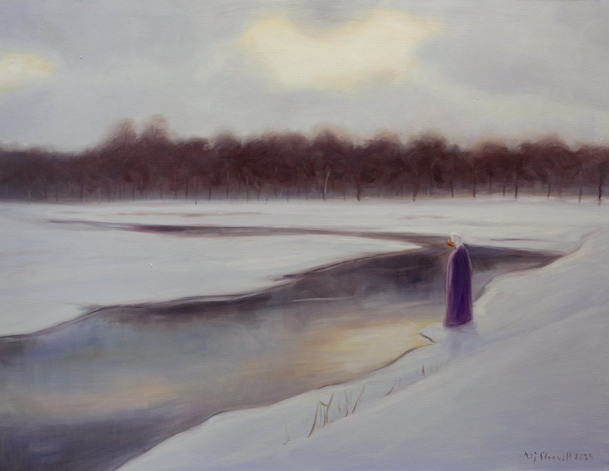 ” Watching the River Flow ”. 2025, oil on canvas, 70 x 90 cm. #art #oilpainting #figurativeart #river #winter #watchingtheriver #landscape #contemporarypainting #duck #disney #kajstenvall #artistsontwitter #artistsonx