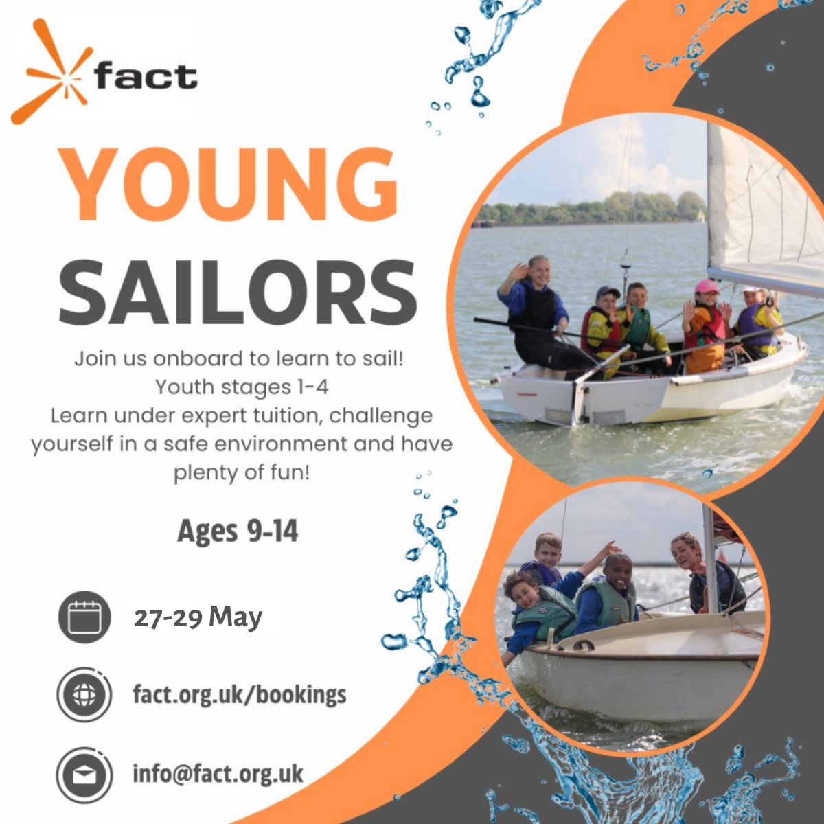 Aged 9-14? 
Want to learn to sail or improve your sailing? 
Join us for young sailors! ⛵️
From the 27th-29th May, join us to work towards your RYA Youth sailing stages 1-4

For more information check out our website fact.org.uk/bookings or email info@fact.org.uk