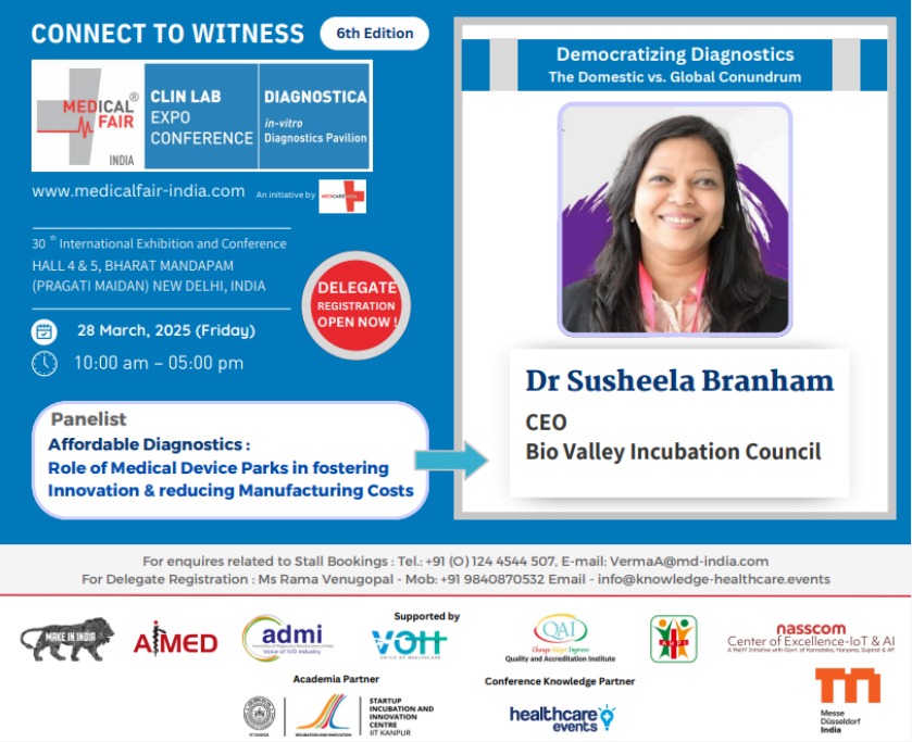 Bio Valley Incubation Council (@biovalley2) on Twitter photo Join us at the 30th International Exhibition & Conference on March 28, 2025 at New Delhi! Hear from the expert Dr. Susheela Branham, <a href="/Biovalley2/">Bio Valley Incubation Council</a> CEO, on "Affordable Diagnostics: Medical Device Parks' Role in Innovation & Cost Reduction." Be part of the conversation. #MedTech Join us at the 30th International Exhibition & Conference on March 28, 2025 at New Delhi! Hear from the expert Dr. Susheela Branham, <a href="/Biovalley2/">Bio Valley Incubation Council</a> CEO, on "Affordable Diagnostics: Medical Device Parks' Role in Innovation & Cost Reduction." Be part of the conversation. #MedTech