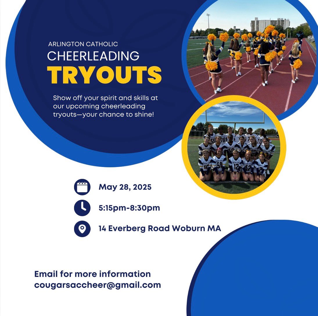 AC_Athletics's tweet photo. 📣SAVE THE DATE📣 AC Fall Cheer tryouts are May 28th! See you there 🎉 #WeAreAC #GoCougars #RollCougs #RCAB #OneCommunityOneSchool #RigorousCurriculum #FaithBased #CatholicSchool #AlwaysLearning #CatholicEducation #LoveThyNeighbor #LoveAndServe #ArlingtonMA #WalkHumblyWithGod https://t.co/oAGcCjcDKC