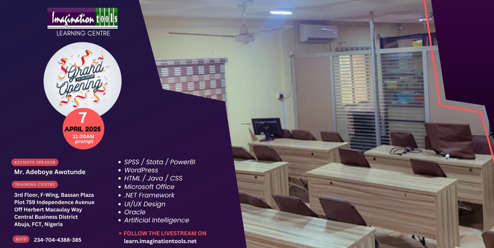 Please  join me at the Grand Opening of the Imagination Tools Learning Centre on Monday, 7th April 2025 at Abuja by 11am. 

ITLC is poised to enhance your career  prospects and also empower you to make a significant impact in tech-space. 

Details> learn.imaginationtools.net