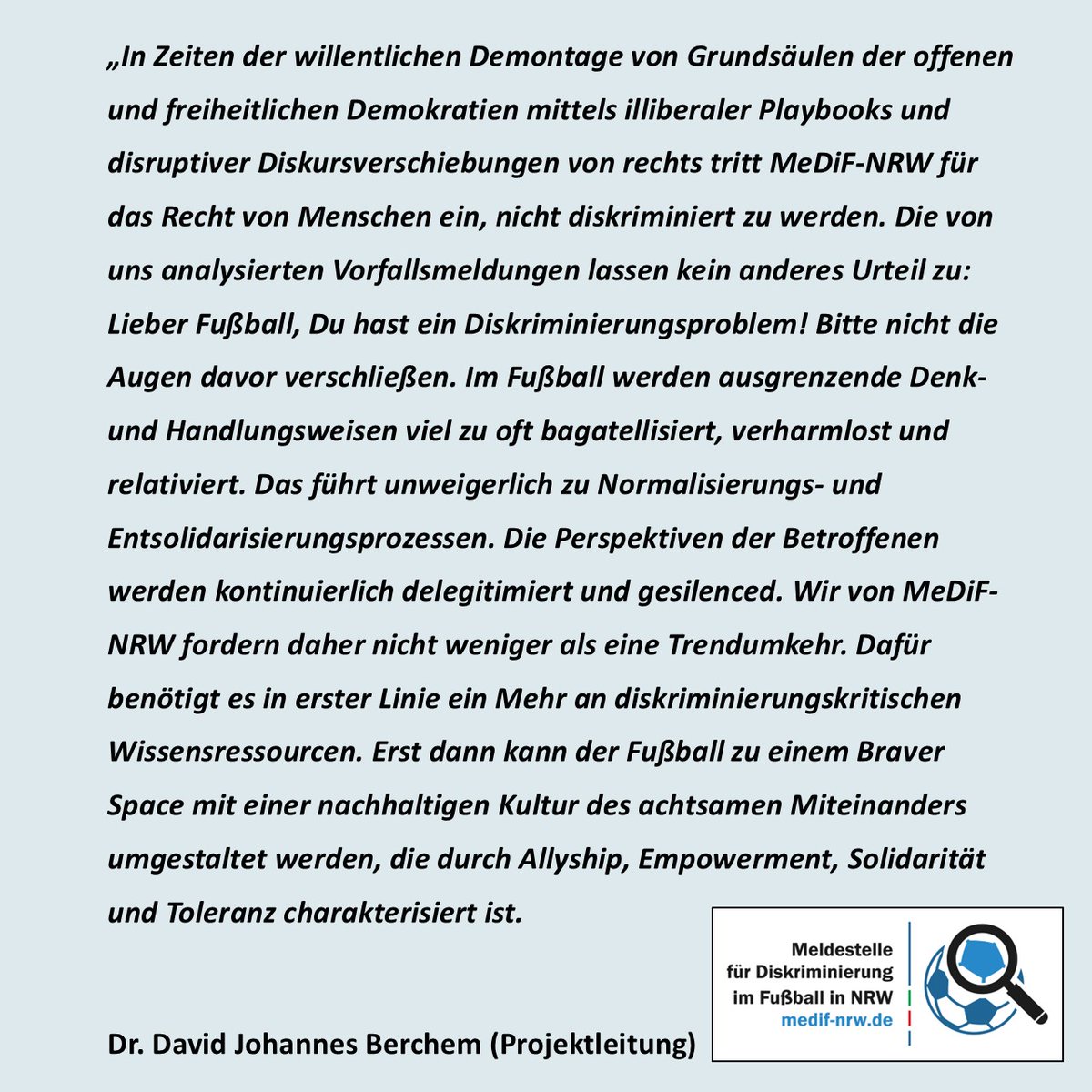 <a href="/medif_nrw/">MeDiF-NRW</a> veröffentlicht 2. Jahresbericht zu Diskriminierungsdynamiken im Fußball auf NRW-Landesebene!
  medif-nrw.de/de/aktuelles/j…