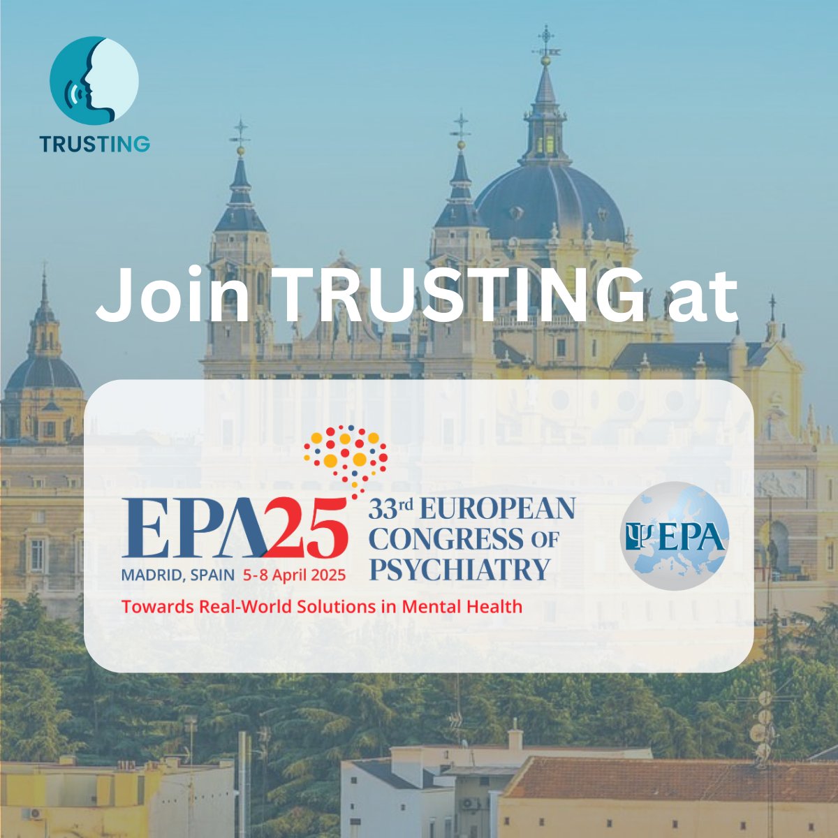 🧠TRUSTING will be at EPA 2025 in Madrid!
We’re looking forward to joining this year’s European Psychiatric Association 33rd Congress to share our work on AI-powered speech analysis for predicting psychosis relapse.
#EPA2025 #TRUSTINGProject #PsychosisPrevention