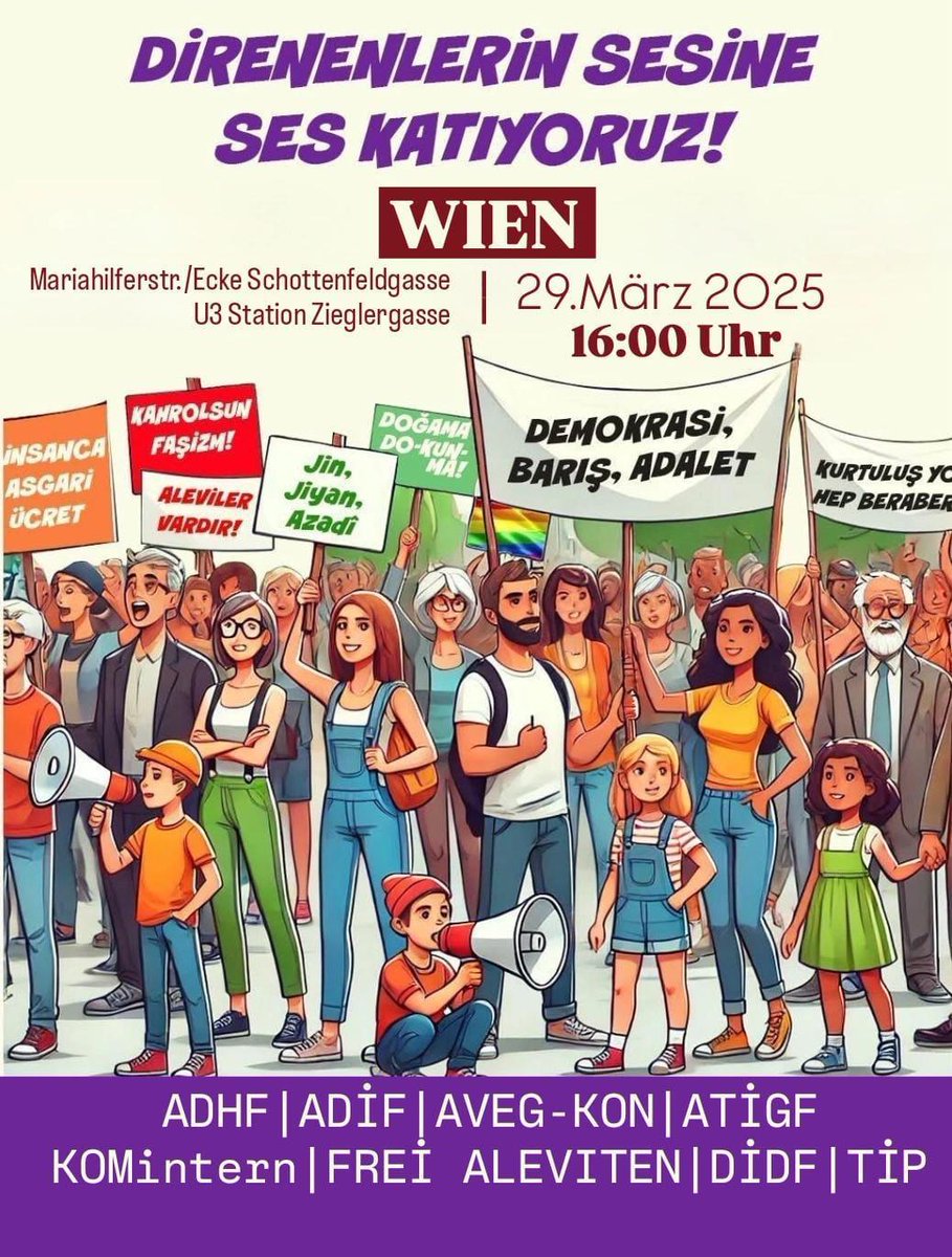 Viyana'ya çağrımız var!

Saray rejiminin hukuksuzlukları, baskıları ve sindirme politikalarına karşı bir kez daha ses veriyoruz!

Yer: Mariahilferstr. - Schottenfeldgasse köşesi
Zaman: 29 Mart 2025 saat 16.00

#SesVerTürkiye