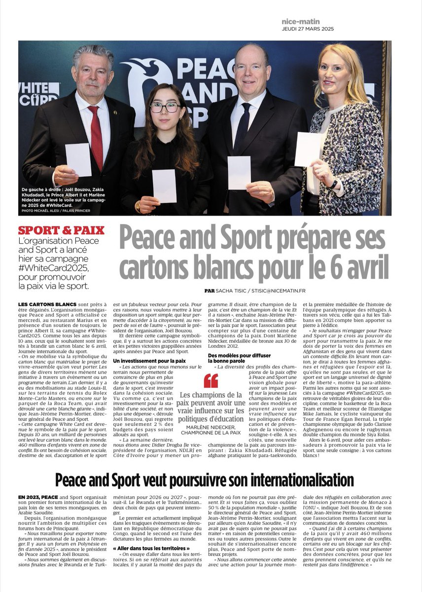 Marlene Nidecker (@marlenenidecker) on Twitter photo Découvrez l’article de Monaco Matin sur le lancement de la campagne #WhiteCard par <a href="/peaceandsport/">Peace and Sport</a> en présence de S.A.S. Le Prince Albert II de Monaco, M. Joël Bouzou, Président-Fondateur et Zakia Khudadadi, première médaillée paralympique de l’équipe des réfugiés. Découvrez l’article de Monaco Matin sur le lancement de la campagne #WhiteCard par <a href="/peaceandsport/">Peace and Sport</a> en présence de S.A.S. Le Prince Albert II de Monaco, M. Joël Bouzou, Président-Fondateur et Zakia Khudadadi, première médaillée paralympique de l’équipe des réfugiés.