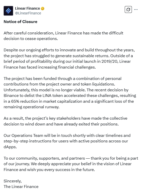 CoinpediaNews's tweet photo. 🚨Just in: Due to financial difficulties, #LinearFinance is closing down, and the team will soon contact users with instructions for liquidating active positions.
#CoinPedia #CryptoNews #Blockchain #CryptoMarket