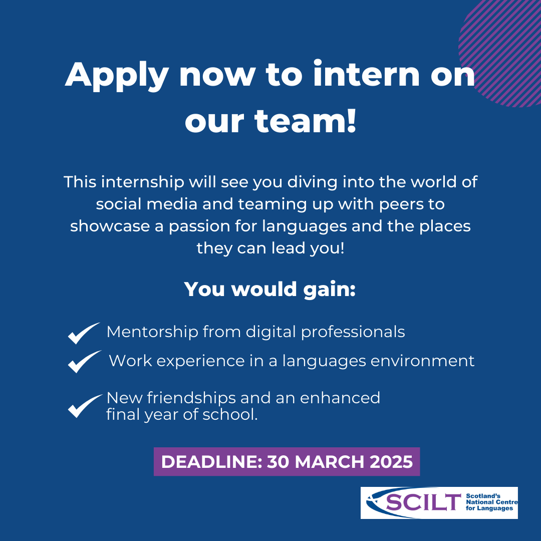 ‼️Applications close on Sunday‼️

We are seeking S5 language enthusiasts for a year-long digital internship.

✅love social media?
✅like collaborating?
✅want to promote languages to peers?

⏰Apply now!

scilt.org.uk/News/NewsView/…

#Internship #Languages #Advocacy