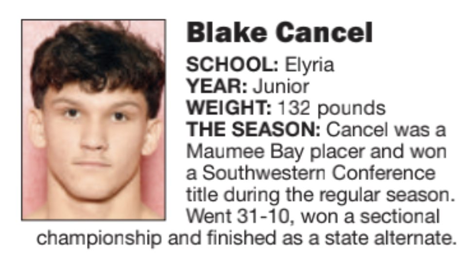 Shaun Bennett (@shaunbennettct) on Twitter photo Congrats to Blake Cancel of <a href="/WrestlingElyria/">Elyria Wrestling</a> for being named to the All-Chronicle first team. #LoCoMats Congrats to Blake Cancel of <a href="/WrestlingElyria/">Elyria Wrestling</a> for being named to the All-Chronicle first team. #LoCoMats