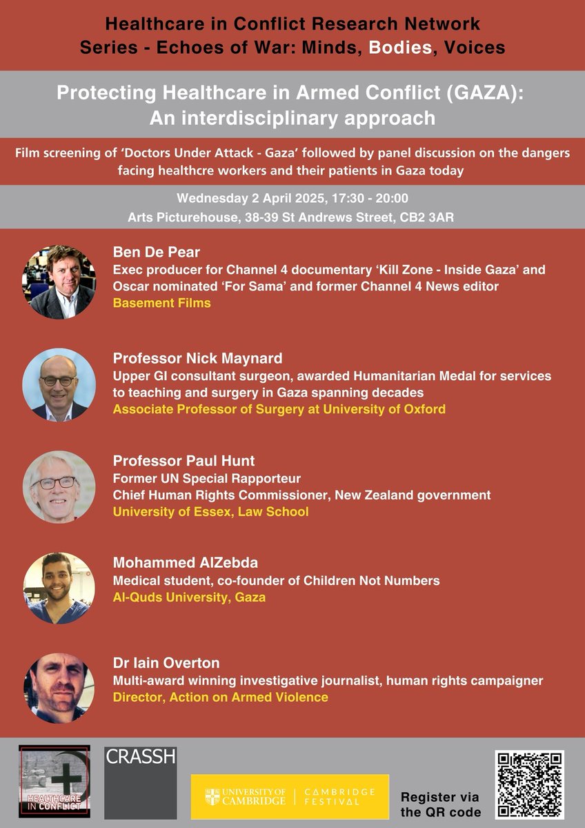 SaleyhaAhsan's tweet image. Hi @addenbrookes staff @Cambridge_Fest event about protection of healthcare in war/emergencies. Panel includes former UN Special Rapporteur on health. HCW input essential. Case study Gaza wider relevance #EPRR @maynard_nick @bendepear @PaulHuntSRights festival.cam.ac.uk/events/protect… RT