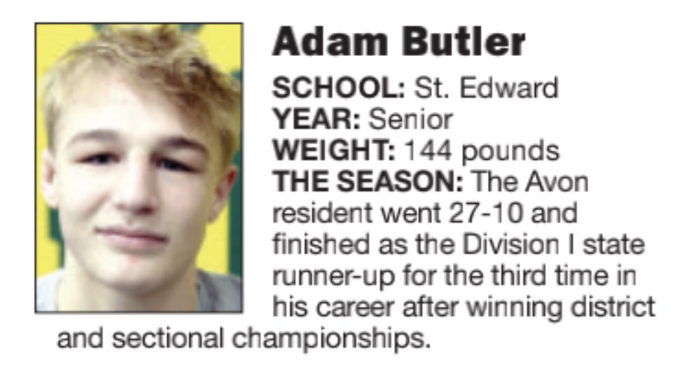 Shaun Bennett (@shaunbennettct) on Twitter photo Congrats to Adam Butler (<a href="/Butler_Adam25/">Adam Butler</a>) of <a href="/_stedswrestling/">St. Edward Wrestling</a> for being named to the All-Chronicle first team. #LoCoMats Congrats to Adam Butler (<a href="/Butler_Adam25/">Adam Butler</a>) of <a href="/_stedswrestling/">St. Edward Wrestling</a> for being named to the All-Chronicle first team. #LoCoMats