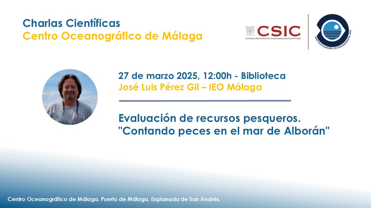 Grupo Mediterráneo de Cambio Climático del IEO (@gcc_ieo) on Twitter photo Dentro de unos minutos, a las 12:00, comienza en el <a href="/IEO_Malaga/">IEO Málaga 🌊⛴️🐟🌡️🔬</a> la charla sobre evaluación de recursos pesqueros a cargo de José Luis Pérez Gil.
Podéis seguirla a través del Canal de Youtube del <a href="/IEOoceanografia/">Instituto Español de Oceanografía</a> ¡No os la perdáis! <a href="/AcademiaAgp/">@AcademiaAgp</a> Dentro de unos minutos, a las 12:00, comienza en el <a href="/IEO_Malaga/">IEO Málaga 🌊⛴️🐟🌡️🔬</a> la charla sobre evaluación de recursos pesqueros a cargo de José Luis Pérez Gil.
Podéis seguirla a través del Canal de Youtube del <a href="/IEOoceanografia/">Instituto Español de Oceanografía</a> ¡No os la perdáis! <a href="/AcademiaAgp/">@AcademiaAgp</a>