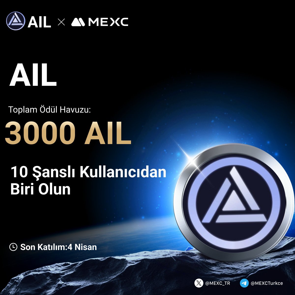 🎉  $AIL'nin #MEXC'de Listelenmesini Kutluyoruz!

🤩1,100.000 $AIL Ve 50.000 $USDT Bonus Ödül Havuzuna Ek Olarak Tam 3000 $AIL den Payınızı Kazanmak İçin Yapmanız Gerekenler;

🔹Takip Edin:<a href="/MEXC_TR/">MEXC TR</a>
🔹Formu Doldurun;mexctr.info/4iIiq4q
🔹Bu gönderiyi beğenin ve RT yapın 💙