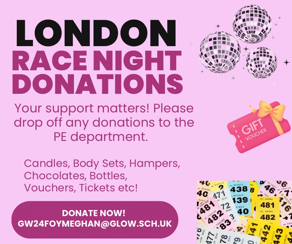 In order to raise money for our upcoming trip to London, our young people have organised a Race Night 🐎.
We’re seeking donations to help make this event a success. 
If you’re able to help, please drop off to the PE department or contact us using the email provided 🙌🏼💖