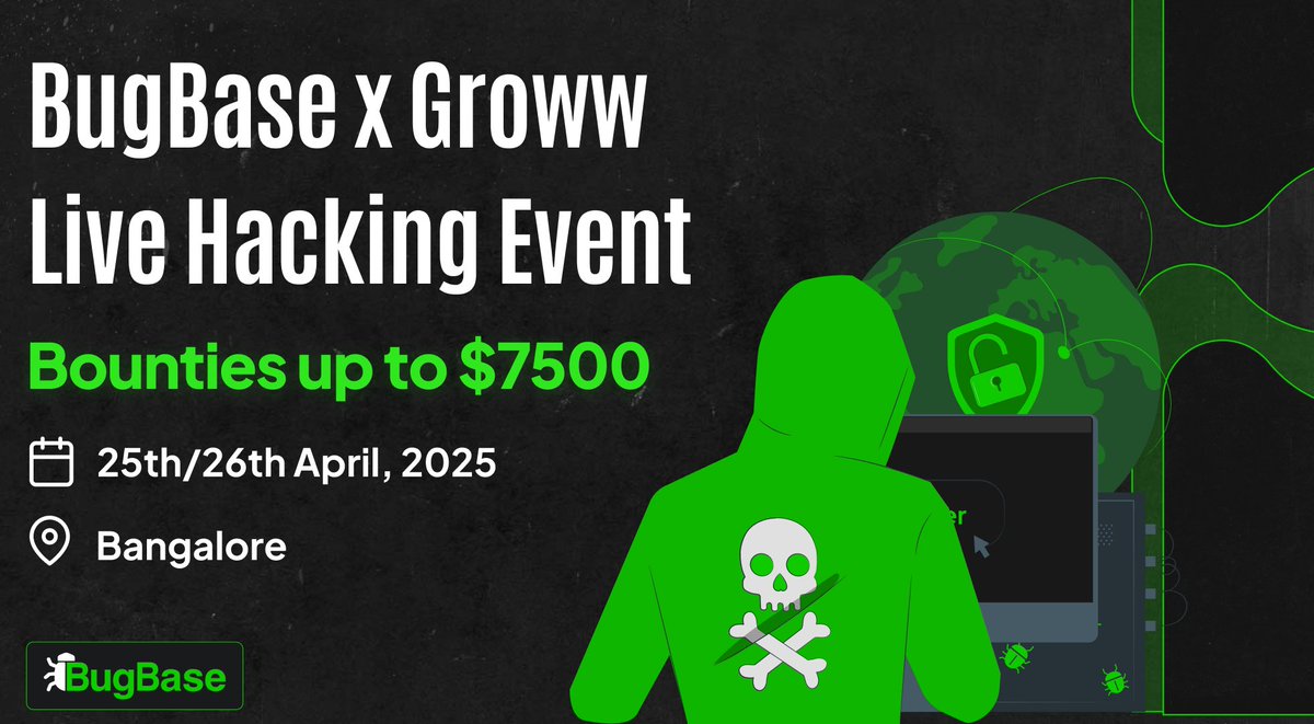 BugBase's tweet image. Join us for Live hacking event with @_groww
What’s in it for you?
- Bounty rewards up to $7,500 per eligible bug (severity‑based)
- Special prizes for the Most Valuable Hacker & the Top 3 performers
- When: April 25/26, 2025
- Where: Bangalore
- RSVP: forms.gle/o9safenDh9f3kh…