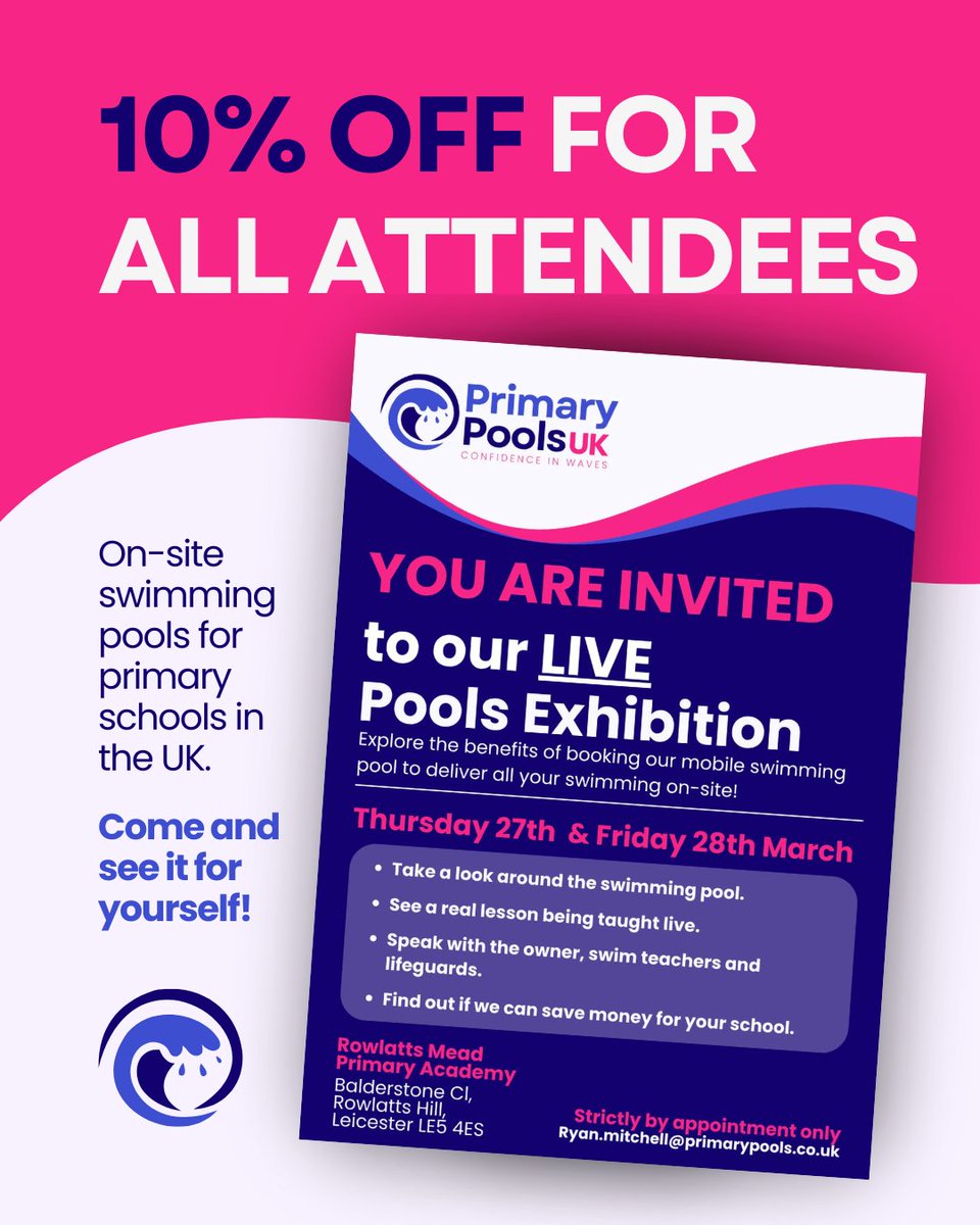 PrimaryPoolsUK's tweet photo. Today marks our first open day at @Rowlatts_TMET. Showcasing our portable on-site swimming lessons for Primary Schools.

If you would like to attend, please visit the website to sign up to come along today or tomorrow - all attendees receive 10% off any bookings!

#Leicester https://t.co/Npx19vaDd5