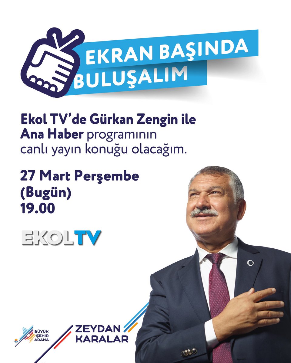 ZeydanKaralar01's tweet photo. Ekran başında buluşalım.

Ekol TV'de "Gürkan Zengin ile Ana Haber" programının canlı yayın konuğu olacağım.

📅 27 Mart Perşembe (Bugün)
🕖 19.00 https://t.co/vixlBFkBKR