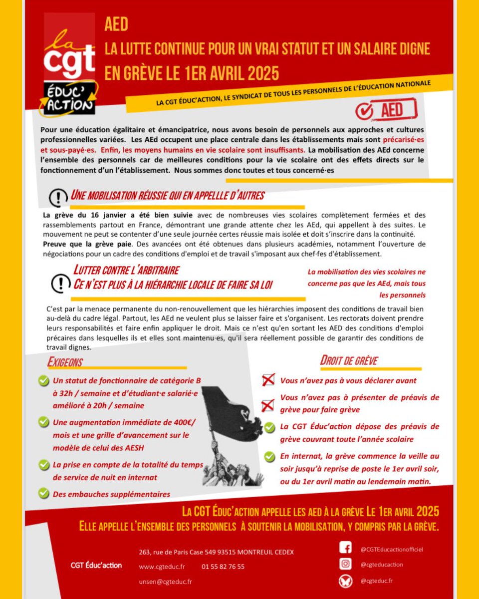 #1eravril #AEd en grève !
Pour un véritable statut, un salaire digne, #fermonslesviesscolairees !
