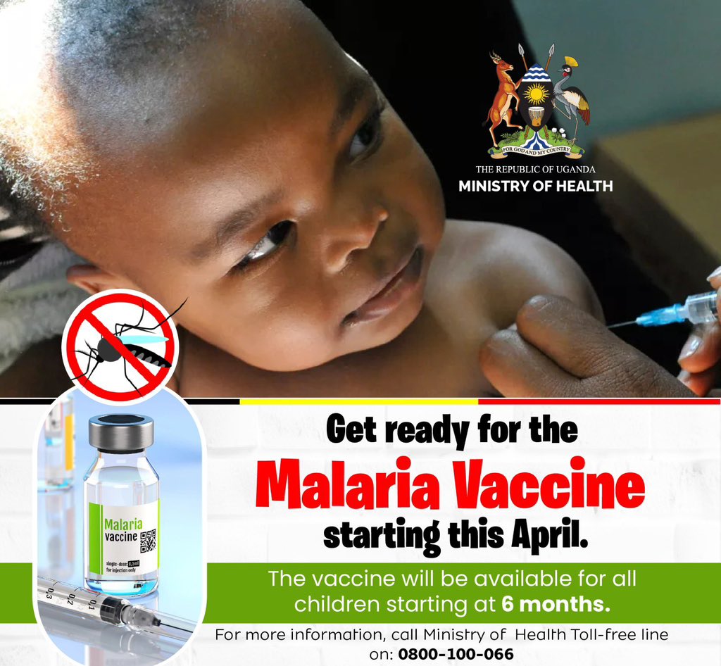 🚀 Big news! Uganda’s Malaria Vaccine rollout starts this April—protecting children from 6 months old. Let’s fight malaria together! 💉✨ #MalariaFreeUG #HealthForAll 
📞 For details call Toll-free info: 0800-100-066