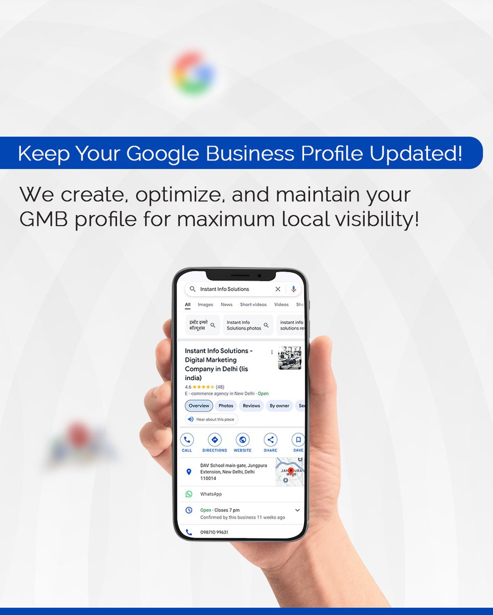 InstantInfoSol's tweet photo. Customers are searching—will they find you?🤔  Stay ahead of the competition! We optimize your GMB profile to ensure your business stands out, ranks higher, and attracts more customers. 🙌🏻

📧 sales@iisindia.net
🌐 https://t.co/aeJgVQrZEY

#localseo #googlevisibility https://t.co/l0voFIlVB2
