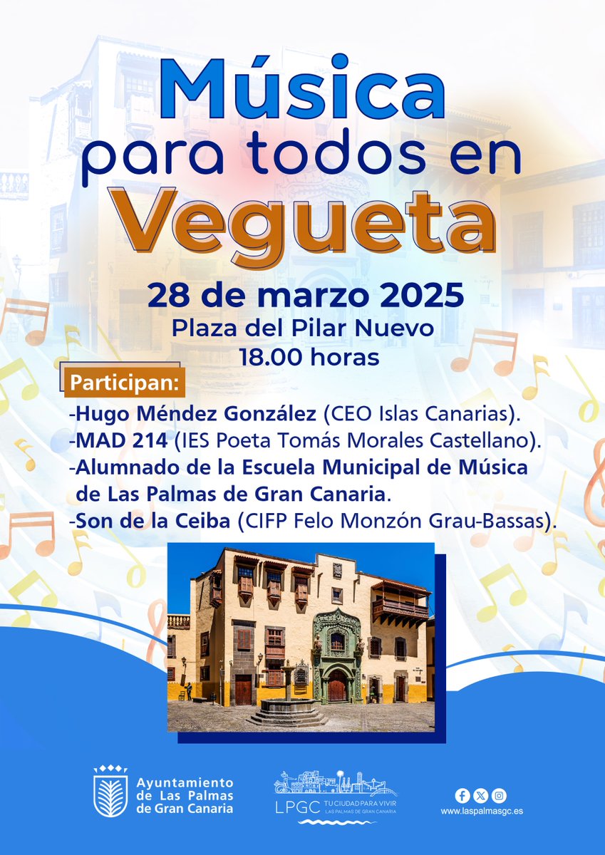 aytolpgc's tweet photo. 🎶'Música para tod@s en Vegueta'

🥁Este viernes, la Plaza del Pilar Nuevo se llena de ritmo con un concierto musical 

🎷Desde las 18:00h, jóvenes artistas de distintos centros educativos de #LPGC y de la @EMEMLasPalmas demostrarán que la música une, emociona y transforma https://t.co/jorbbjLL35