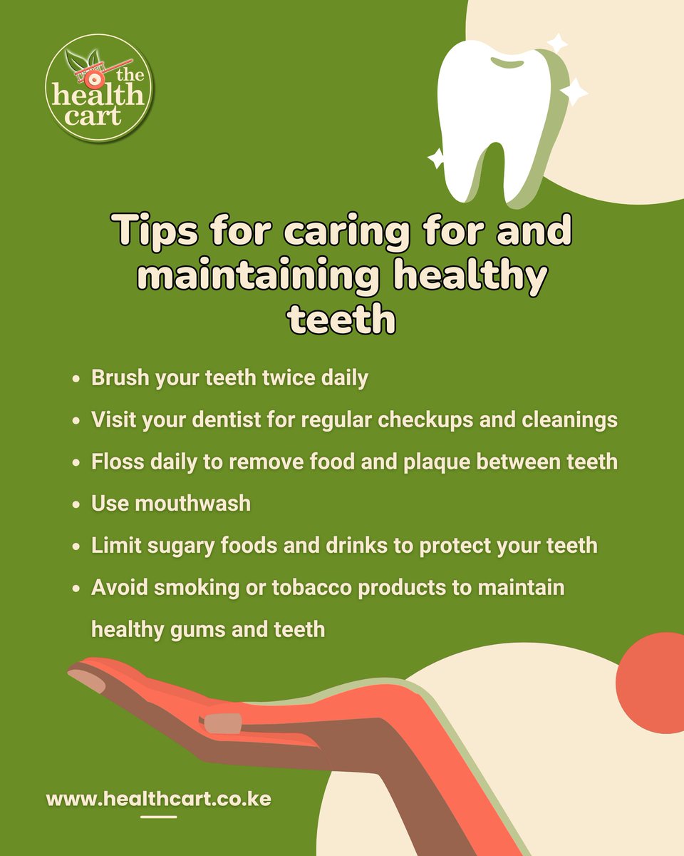 HealthCartKenya's tweet photo. 🦷 𝐇𝐞𝐚𝐥𝐭𝐡𝐲 𝐓𝐞𝐞𝐭𝐡, 𝐇𝐚𝐩𝐩𝐲 𝐒𝐦𝐢𝐥𝐞!
Taking care of your teeth is the key to a confident and radiant smile! 

✅ Brush twice daily
✅ Visit your dentist regularly
✅ Floss daily for a deep clean
✅ Use mouthwash for extra protection
✅ Cut down on sugary foods https://t.co/uiTlCi1SdI