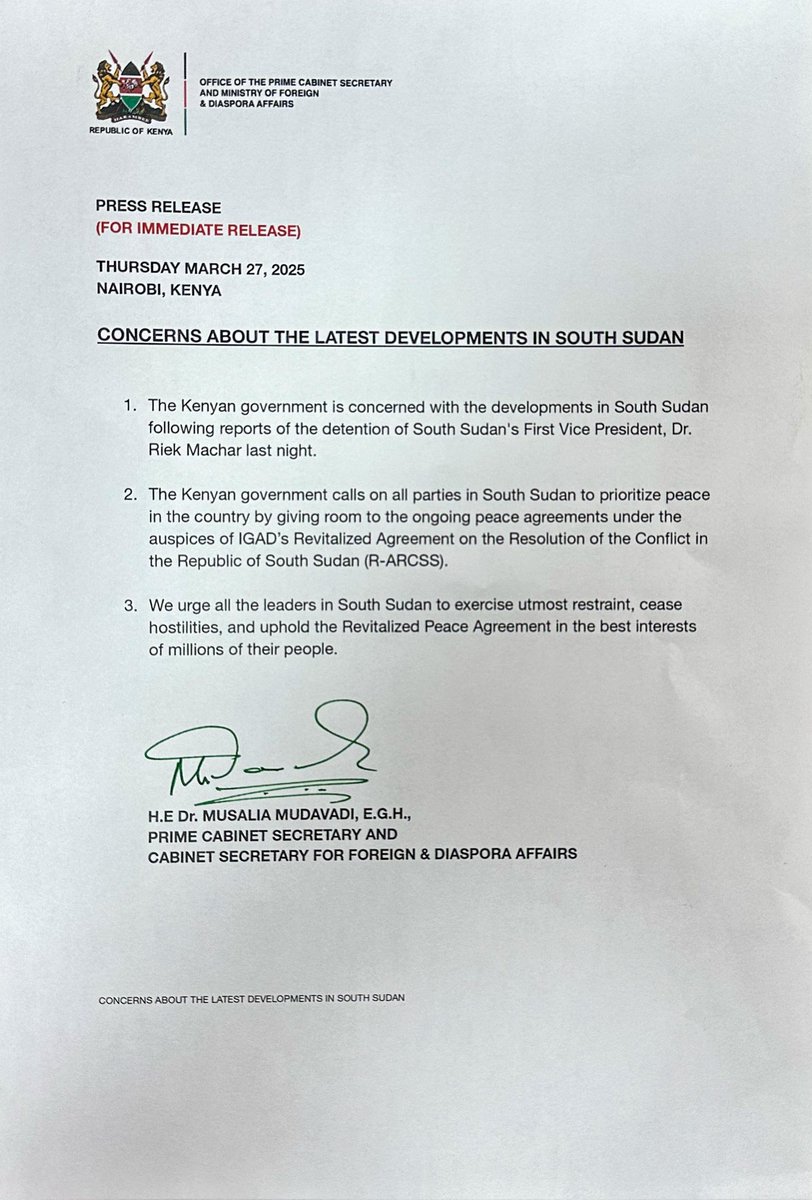 MusaliaMudavadi's tweet photo. Latest Developments in South Sudan. https://t.co/Ku4ff8DT4V