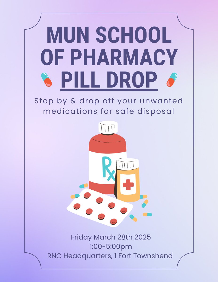 In partnership with Memorial University of Newfoundland's School of Pharmacy, members of the public can drop-off any unused or expired medications for proper disposal. 

Friday (March 28), 1-5 p.m. at RNC HQ in St. John's.

💻 rnc.gov.nl.ca/news/rnc-hosti…