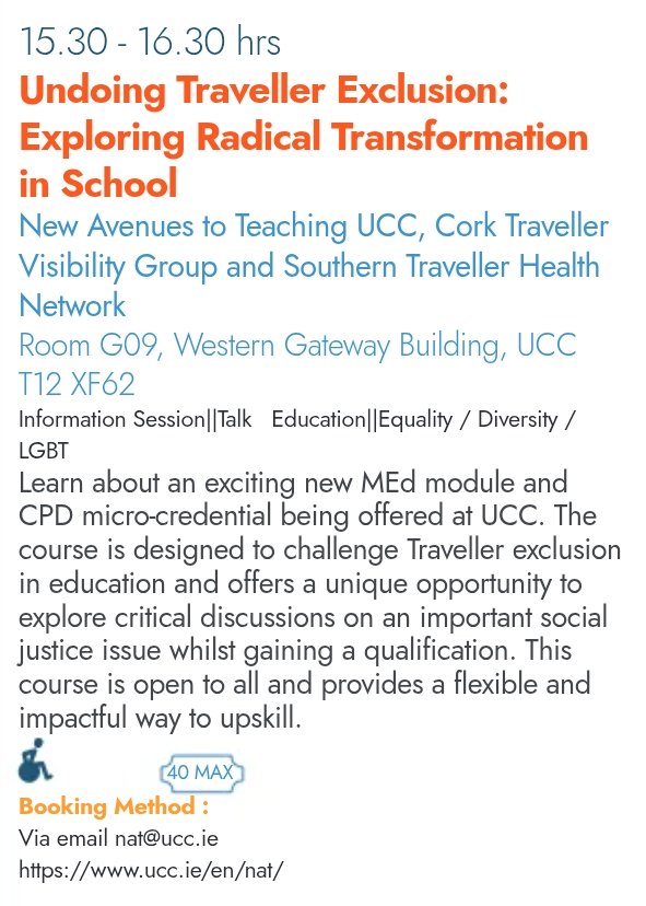 New Avenues to Teaching (@nat_ucc) on Twitter photo 🚨Not many days left to register for this fantastic event on the 2nd April on tackling Traveller exclusion in education. Email nat@ucc.ie to secure your place <a href="/UCCSchoolofEd/">UCC School of Education</a> <a href="/tvgcorkclg/">Traveller Visibility Group Cork</a> <a href="/Access_UCC/">Access UCC</a> 🚨Not many days left to register for this fantastic event on the 2nd April on tackling Traveller exclusion in education. Email nat@ucc.ie to secure your place <a href="/UCCSchoolofEd/">UCC School of Education</a> <a href="/tvgcorkclg/">Traveller Visibility Group Cork</a> <a href="/Access_UCC/">Access UCC</a>