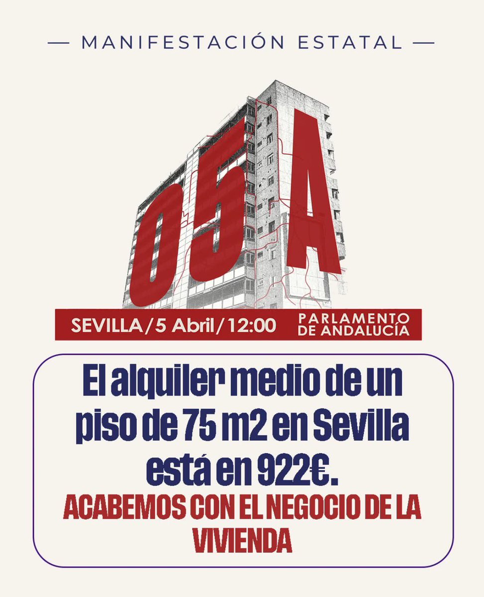 En #Sevilla es imposible que nuestros jóvenes se independicen.
Según Idealista el alquiler medio en Sevilla de un piso de 75 metros es de 922€ Esto supone un 60% del ingreso medio en la ciudad.
El próximo 5 de Abril todas a las calles💪 
<a href="/LA_PAH/">Plataforma de Afectadas por la Hipoteca</a>