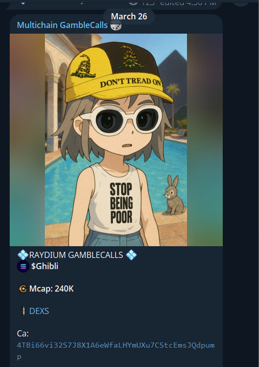 RicoCalll's tweet photo. $Ghibli/#SOL
Spot On! $Ghibli ---  🌕117X🌕

As predicted, it became a hot trend, smashing ATH 28M and delivering an insane 117X gain in our channel
https://t.co/xyED1qxyqs

#MemeCoin #SOL #100X #BNB #ETH #LINK #Trading #Trump #BSC #Crypto #memecoin100x #memecoin https://t.co/JweGHk4oiY