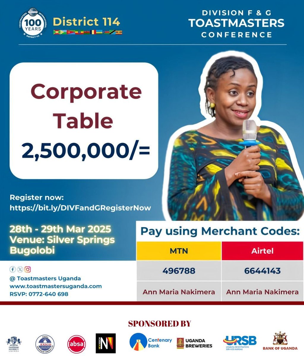 AD

You and your organisation can be part of the #ToastmastersUgandaConference 

Looking for an opportunity for networking, personal and professional growth? Look no further!

Get your ticket today. 
Reach out to 0741033260 or you can make your payment using MOMO PAY: 496788 or