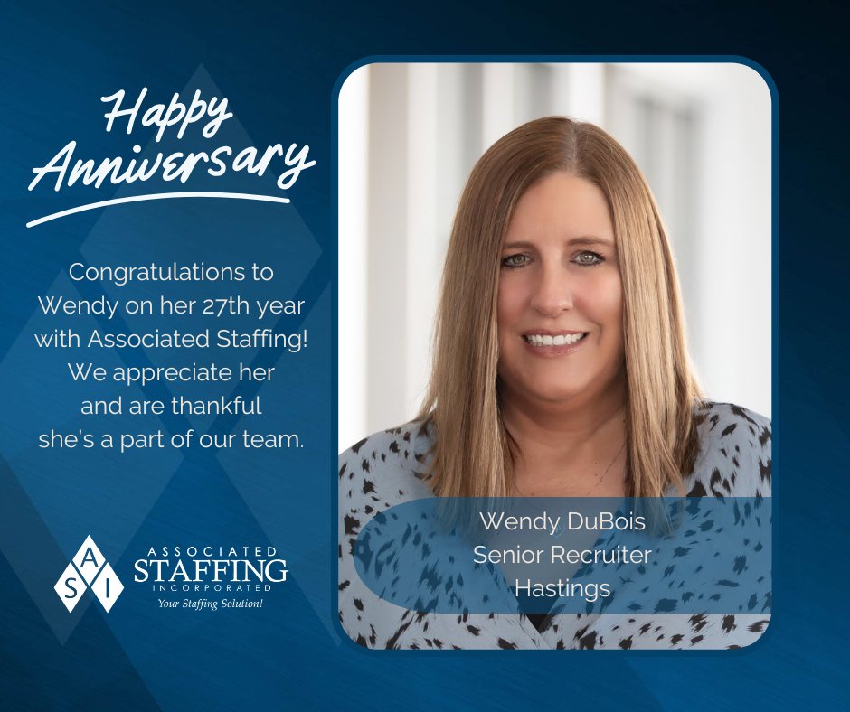 Join us in celebrating Wendy's 27th anniversary with Associated Staffing! 🎉🥳 Her dedication and loyalty make a difference and we're thankful to have her on our team. 🙌

#WorkAnniversary #27YearsStrong #Hastings