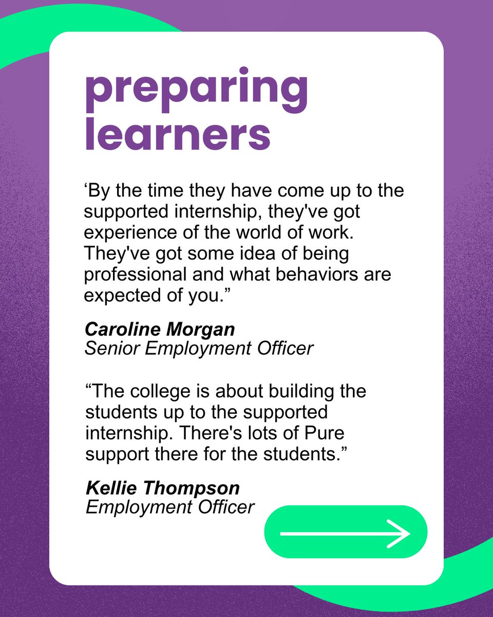 College spotlight: Pure College🏫 

For #NationalSupportedInternshipDay, we’re highlighting how Pure College are empowering their learners to explore new options, build employability skills and achieve their dream careers. 

#Internship #SupportedInternships