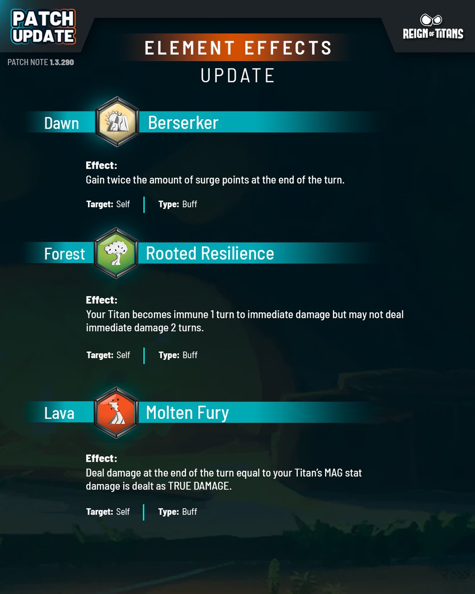 ReignofTitansIn's tweet image. Buffs, counters, and pure elemental chaos! Which new power will REIGN supreme? 🔥🌊🌳 #reignoftitans #patchupdate