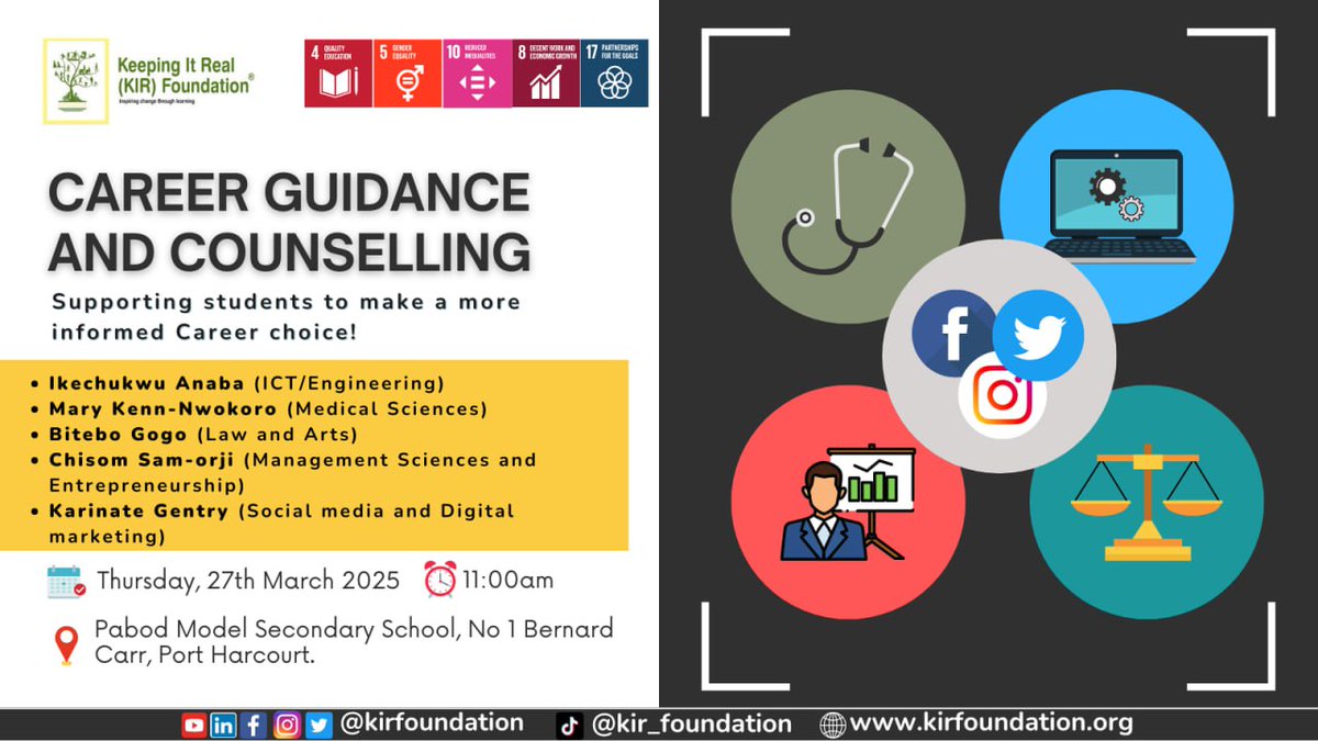 Keeping It Real Foundation (@kirfoundation) on Twitter photo <a href="/kirfoundation/">Keeping It Real Foundation</a> supports #students to make informed #career decisions.
#JoinUs at Pabod Secondary #School, No. 1 Bernard Carr Street, #PHCity for our 35th Career Guidance Workshop!
💡Expert facilitators like <a href="/ik_tbdb/">IAmIkechukwuAnaba</a> will empower the students to take the right path!
#careers #SDG4 <a href="/kirfoundation/">Keeping It Real Foundation</a> supports #students to make informed #career decisions.
#JoinUs at Pabod Secondary #School, No. 1 Bernard Carr Street, #PHCity for our 35th Career Guidance Workshop!
💡Expert facilitators like <a href="/ik_tbdb/">IAmIkechukwuAnaba</a> will empower the students to take the right path!
#careers #SDG4