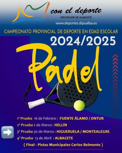 JovenHigueruela's tweet image. DEPORTES Tercera prueba del Campeonato escolar de ádel  @dipualbadeporte @padelcastillalamancha
Higueruela participa con parejas en las categorías alevín e infantil masculino.
Domingo 30 marzo
Pista de pádel
A partir de las 9:00h.
#higueruela #deporteescolar #padel #padelescolar