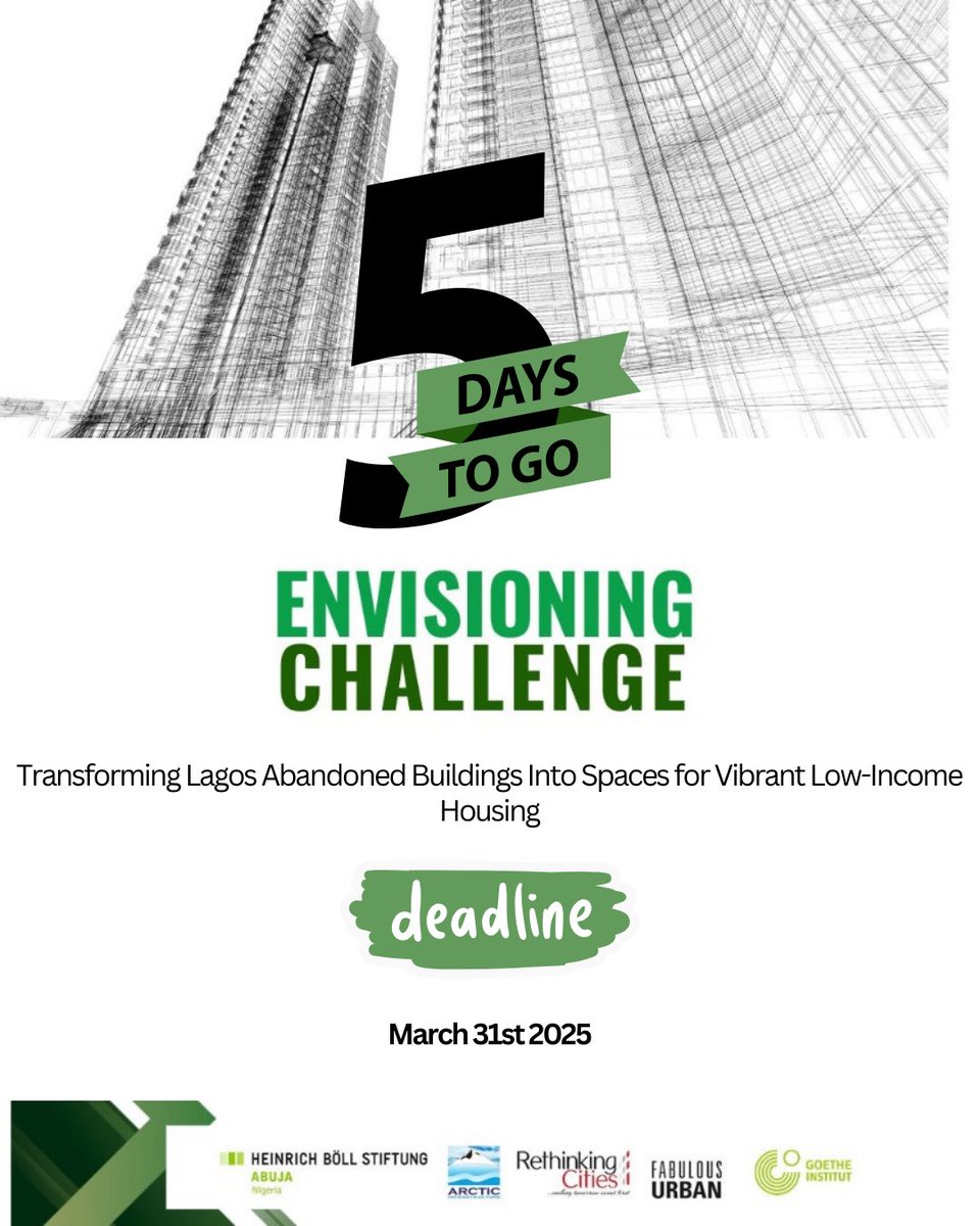 5 days left to submit your proposal and be part of the movement to transform abandoned buildings into affordable housing solutions in Lagos.

Don’t wait till the last minute, submit now! Click the link in the bio.

#EnvisioningChallenge #5DaysLeft #AffordableHousing