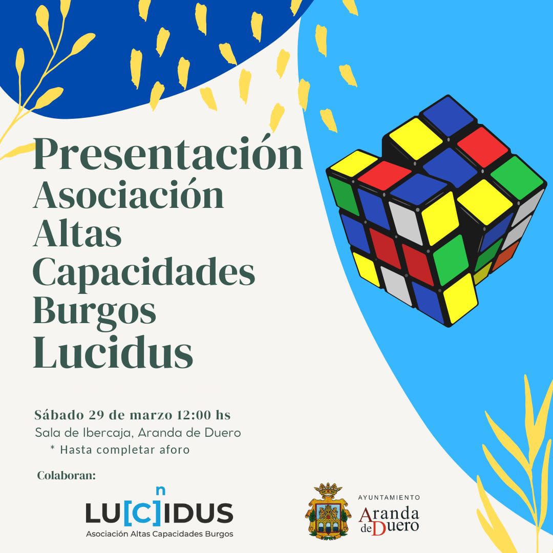👀¡No te pierdas la presentación de la Asociación Lucidos! 

🗓️Sábado 29 marzo 12 h - Sala Iberduero - Aranda de Duero

🎲Lucidos es una organización dedicadas a apoyar a niños/as con altas capacidades y sus familias

🤲¡Únete a su presentación!
#AltasCapacidades #IncluCyl
