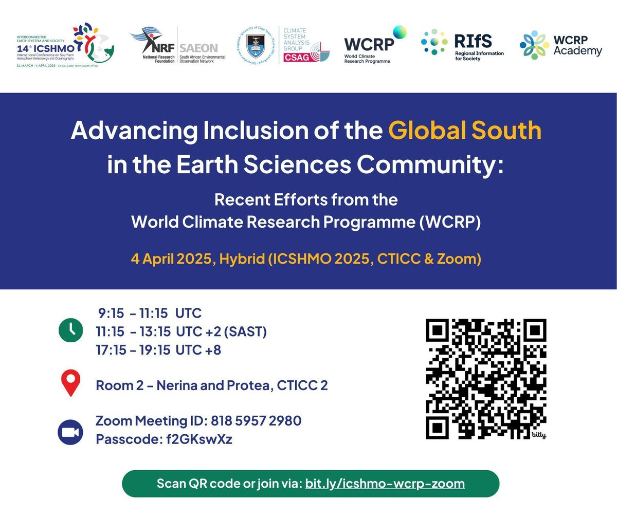 Join the Conversation on Advancing Inclusion in Earth Sciences! 🌍 The World Climate Research Programme (WCRP) is hosting a side event at the 14th#ICSHMO. This will be a hybrid event, join us in person at the CTICC or online
Zoom details - ID: 818 5957 2980 | Passcode: f2GKswXz0