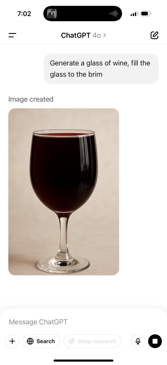 My roommate at harvard studies philosophy. He used to ask, “Can an LLM pour a glass of wine to the brim?”

It never could. The image always showed a glass half-full, half-empty—never full.

Until today. And now he’s nervous.