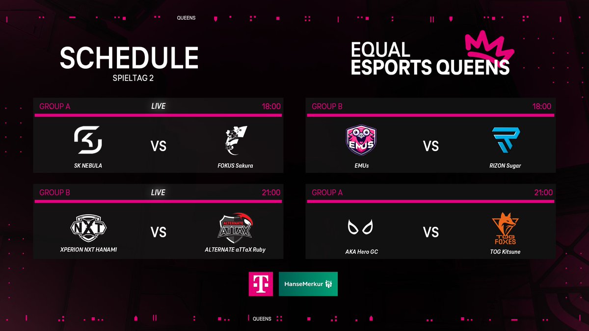PROJECT V (@projectvgg) on Twitter photo Der zweite Spieltag von 𝗘𝗤𝗨𝗔𝗟 𝗘𝗦𝗣𝗢𝗥𝗧𝗦 𝗤𝗨𝗘𝗘𝗡𝗦 steht an! 🤩
18:00 Uhr: <a href="/SKGaming/">SK Gaming</a> NEBULA vs. <a href="/FOKUSValorant/">FOKUS VALORANT</a> Sakura
21:00 Uhr: <a href="/XPERION_NXT/">XPERION NXT</a> HANAMI vs <a href="/ATNattax/">ALTERNATE aTTaX</a> Ruby
📺twitch.tv/projectvgg Der zweite Spieltag von 𝗘𝗤𝗨𝗔𝗟 𝗘𝗦𝗣𝗢𝗥𝗧𝗦 𝗤𝗨𝗘𝗘𝗡𝗦 steht an! 🤩
18:00 Uhr: <a href="/SKGaming/">SK Gaming</a> NEBULA vs. <a href="/FOKUSValorant/">FOKUS VALORANT</a> Sakura
21:00 Uhr: <a href="/XPERION_NXT/">XPERION NXT</a> HANAMI vs <a href="/ATNattax/">ALTERNATE aTTaX</a> Ruby
📺twitch.tv/projectvgg
