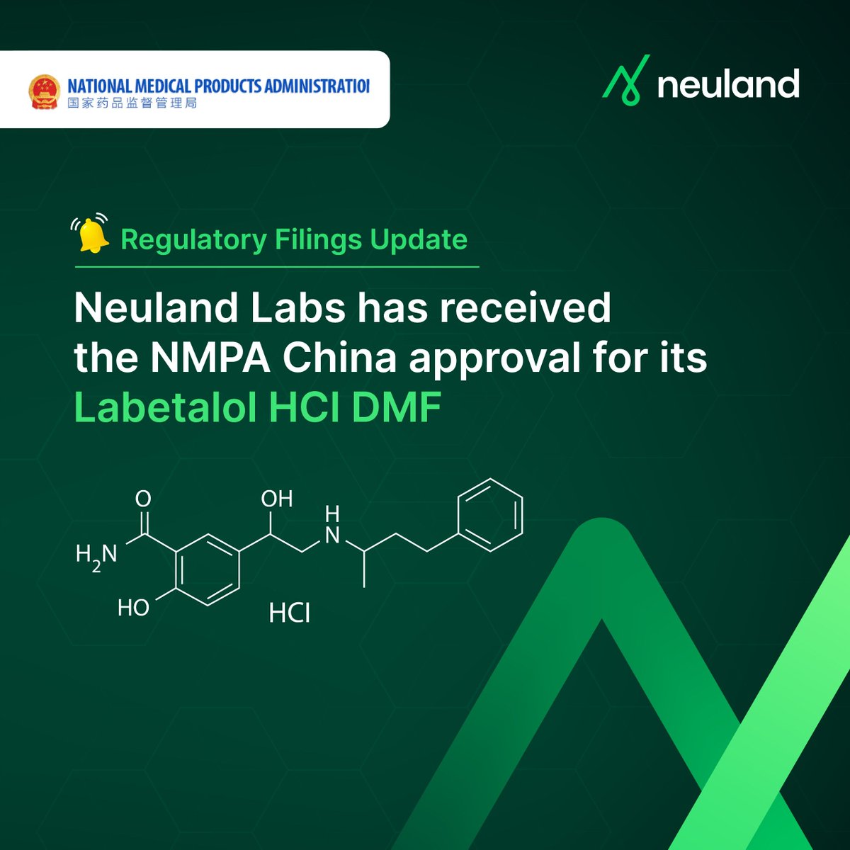 NeulandLabs's tweet photo. We are pleased to announce that Neuland Labs has received NMPA approval for Labetalol HCl DMF. This approval highlights our expertise in process excellence and regulatory compliance to supporting our customers with compliant solutions.
#NeulandLabs #Regulatory #PharmaAPI https://t.co/oKIVkd1cz8