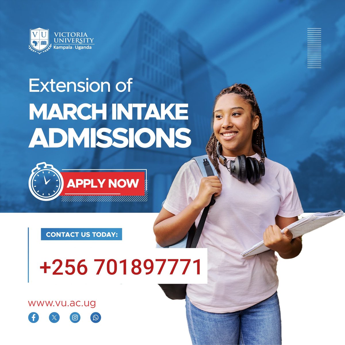ivanmpaata's tweet photo. @ReachDrMuganga @AlfonseMukasa @djjacobomutuze @VUKampala @JorynCarterVU @ChristyNabayise @Benkazigoluweru @isaacBakashaba2 @DanielLutaaya @SimonKaggwaNjal @FrankGashumba FINAL CALL! Join Victoria University's extended March intake, starting April! Apply & register now: ifmpaata@vu.ac.ug or +256 701897771. Secure your spot! #VictoriaUniversity #MarchIntake #ApplyNow #LastChance https://t.co/F2kaeeRh4p